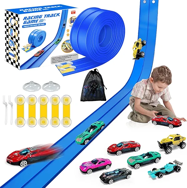 Flex Race Tracks for Kids, 16Ft Flexible Race Car Ramp Track Set for Hot Wheel Race Tracks Cars Portable DIY Race Track Toy for Boys Age 3 4 5 6 7 Years Old Boys Girls Kids - Blue