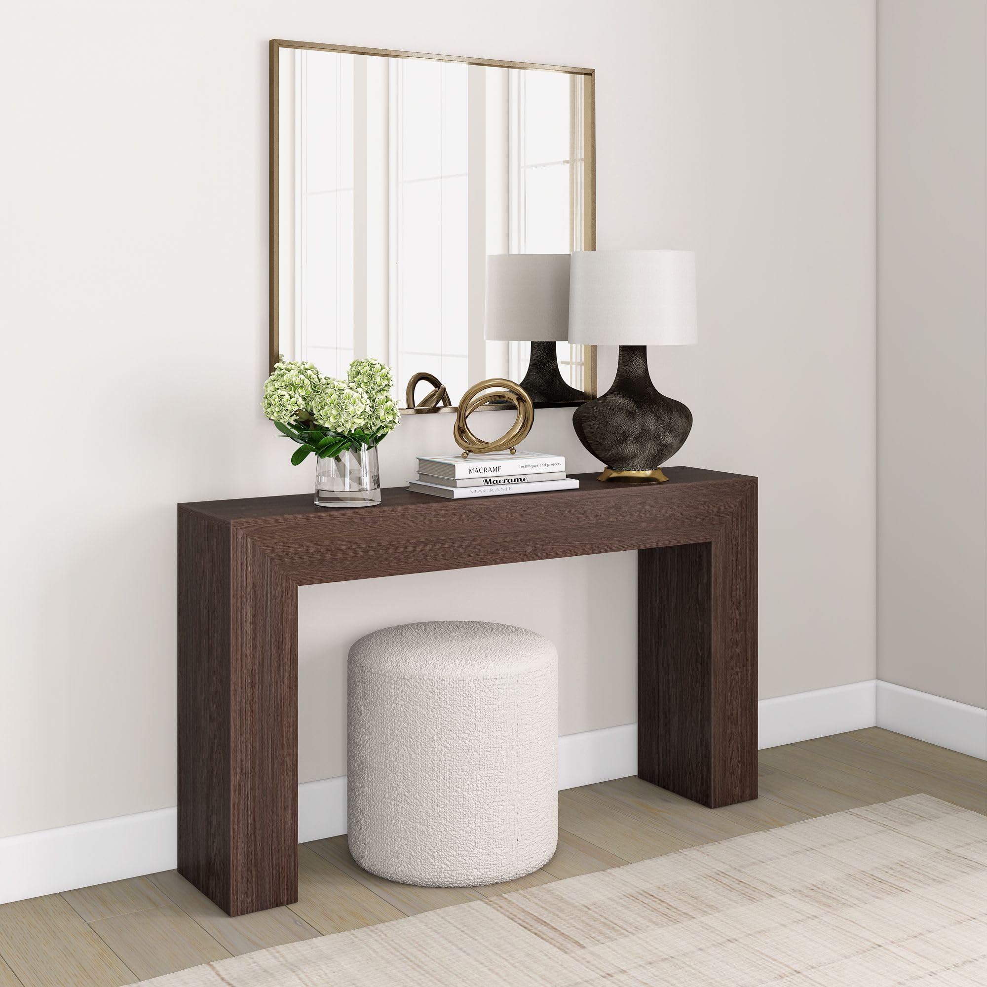 Plank+Beam Grand Console Table, 56 Inch Solid Wood Modern Sofa Table, Narrow Entryway Table for Hallway, Behind The Couch, Living Room, Foyer, Walnut Wirebrush