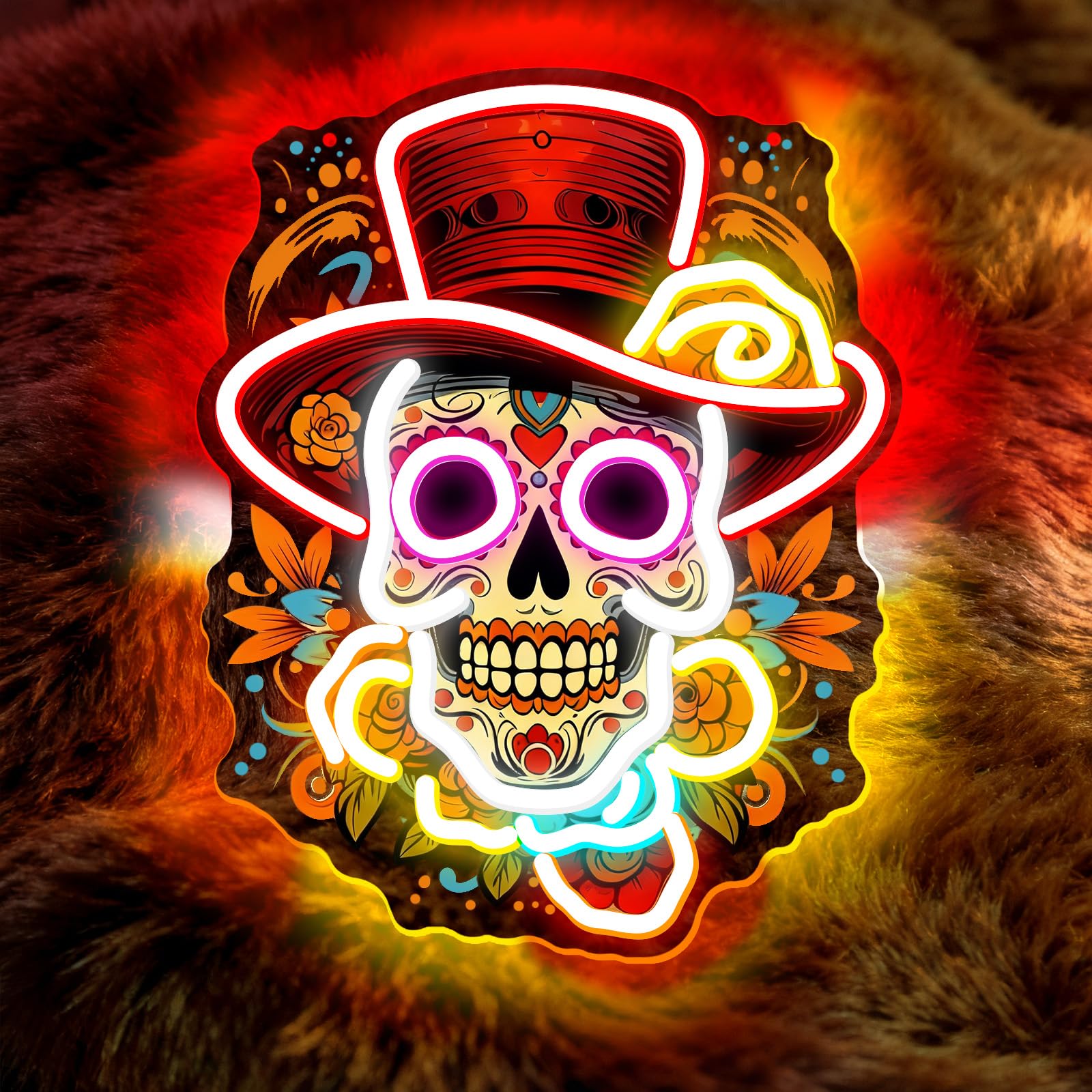 Day Of The Dead Neon Sign Halloween Decoration UV Printed Art Combination With Dimmable LED Neon Light Suitable for Men's Cave Bar Bedroom Wall Decoration(5V 11.8 * 14.9 Inches) — image 1