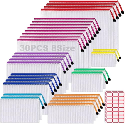ACHAVINM 30 bolsas de malla con cremallera (8 tamaños, 8 colores), bolsas impermeables con cremallera con etiquetas, bolsas duraderas para