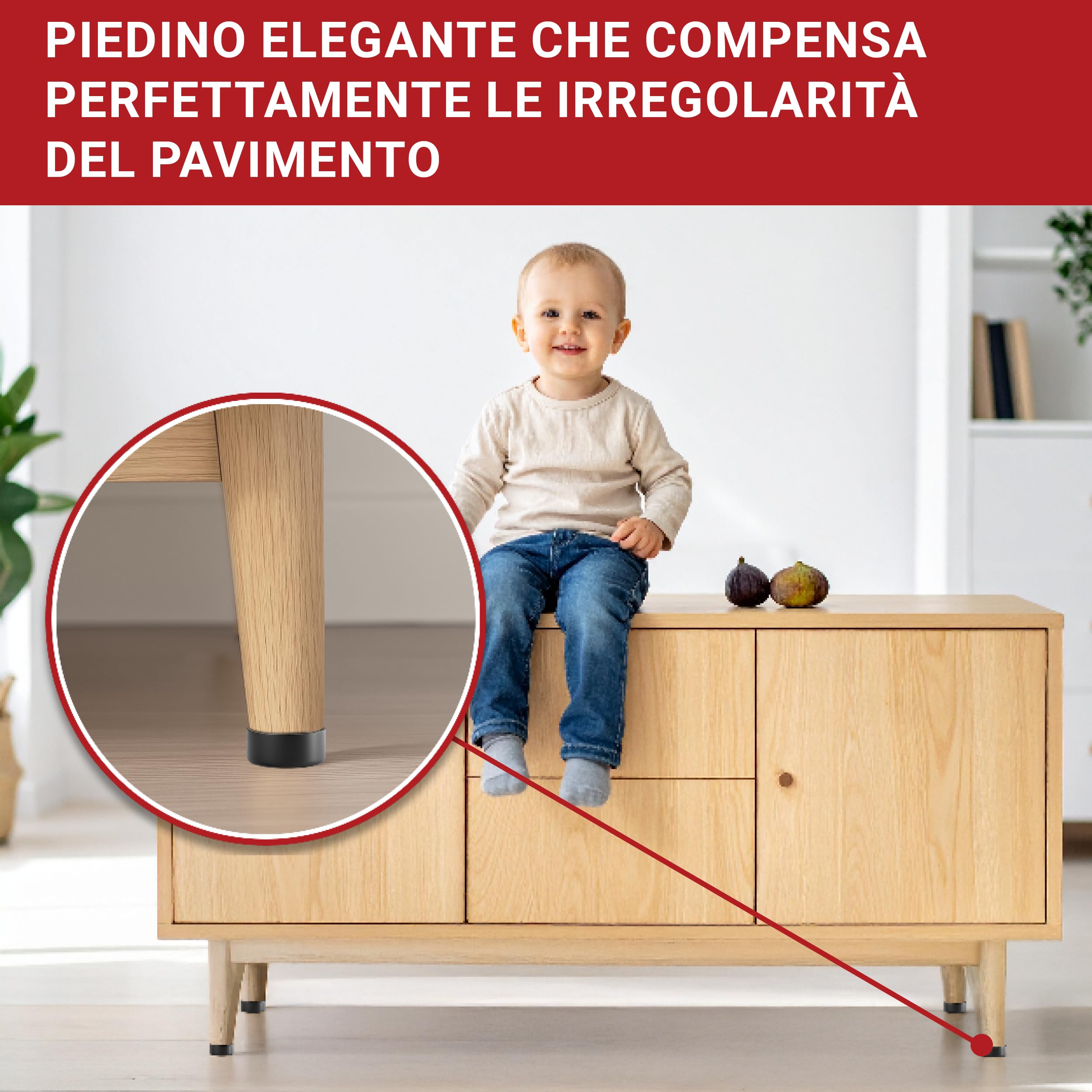 LouMaxx Piedini per Mobili Adesivi Regolabili Ø 53,5 mm – Piedini Mobili Neri Altezza Regolabile – Rialzi per Mobili con Materiale di Montaggio – Set da 4