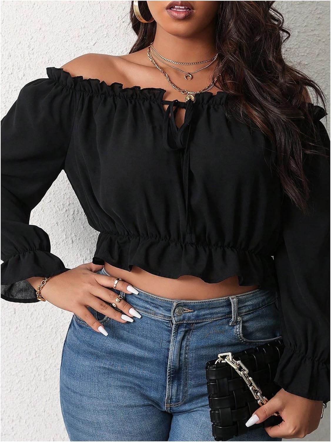 MakeMeChic Women's Plus Size Off Shoulder Blouse Long Sleeve Ruffle Hem Crop Tops - Image 3