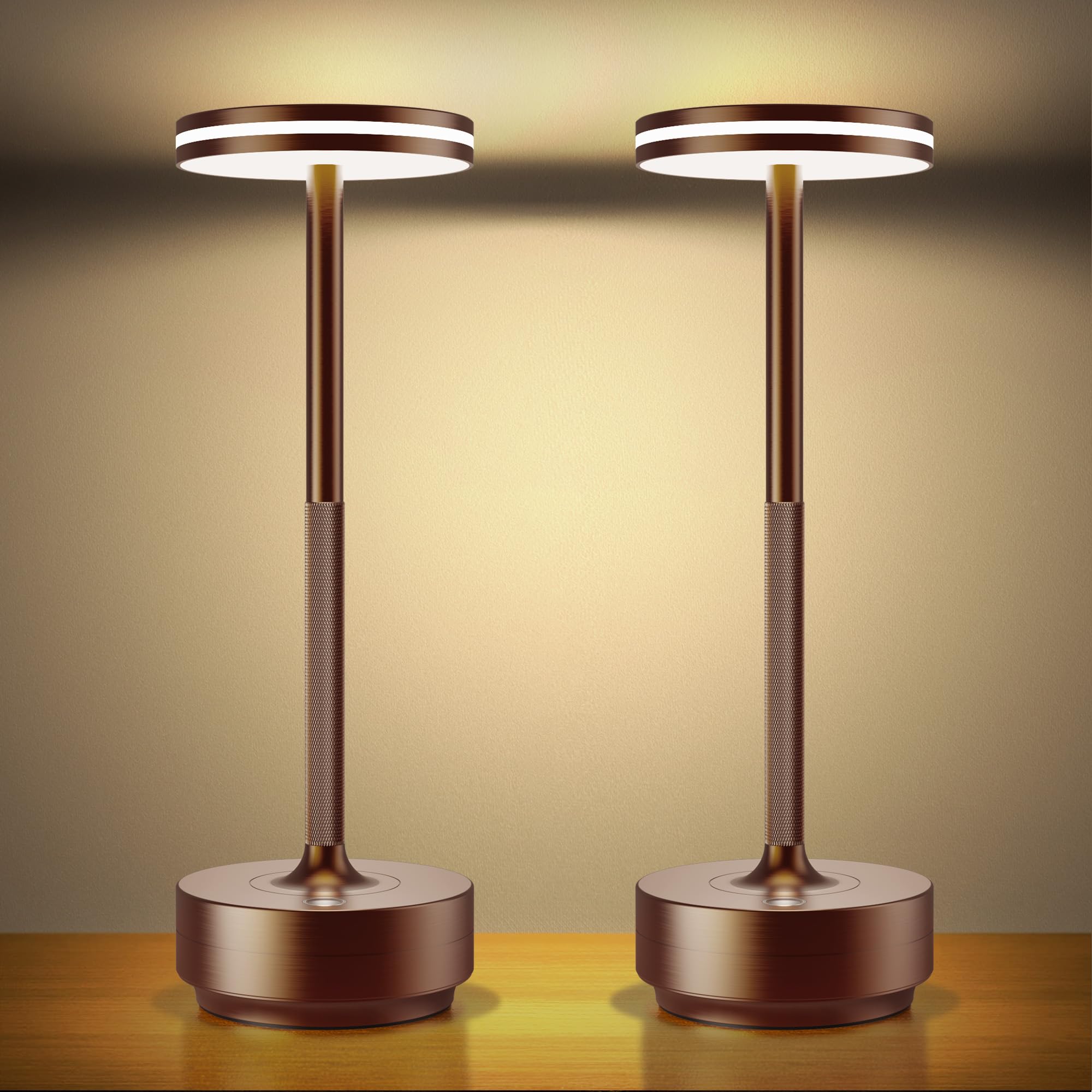 Hapfish 2 Pack Rechargeable Cordless LED Table Lamp, 5000mAh Battery Wireless Lamps, 3 Color Modes, Dimmable, USB Desk Light for Dining, Bedside, Indoor, Outdoor, Living Room – Brown