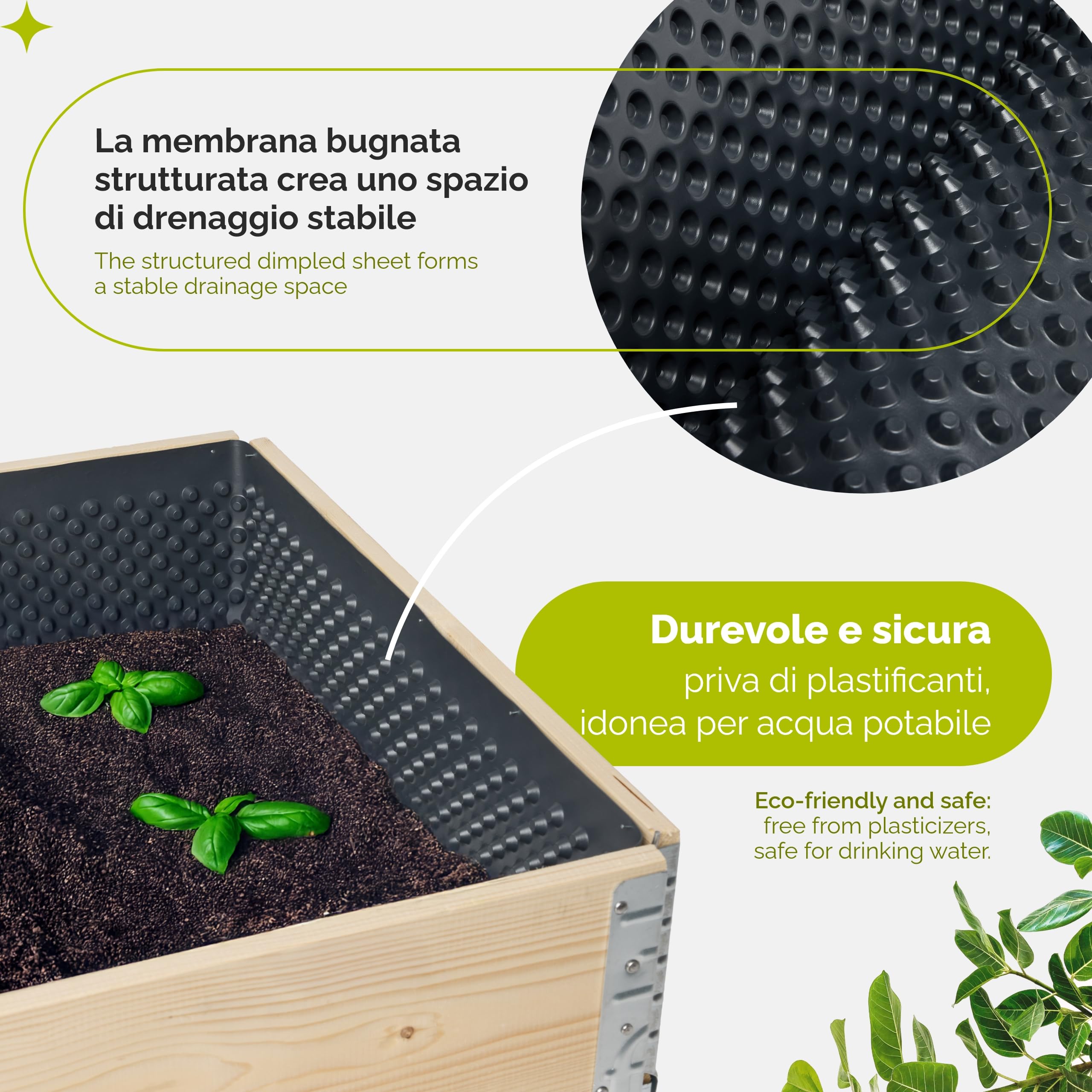 Garronda membrana bugnata in HDPE estruso per orto rialzato da esterno e cassoni per orto rialzato, rivestimento drenante adatto a fioriere da esterno grandi, rotolo bugnato 1 x 20 m GD-0160