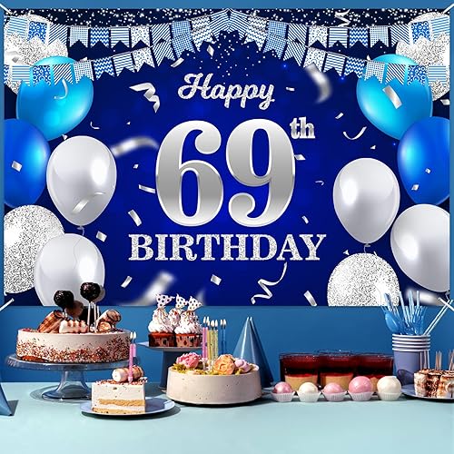 Vista 239 de Cartel de feliz cumpleaños número 31, globos azul marino, bandera de confeti a rayas, puntos de luz, saludos a 31 años, decoración temática