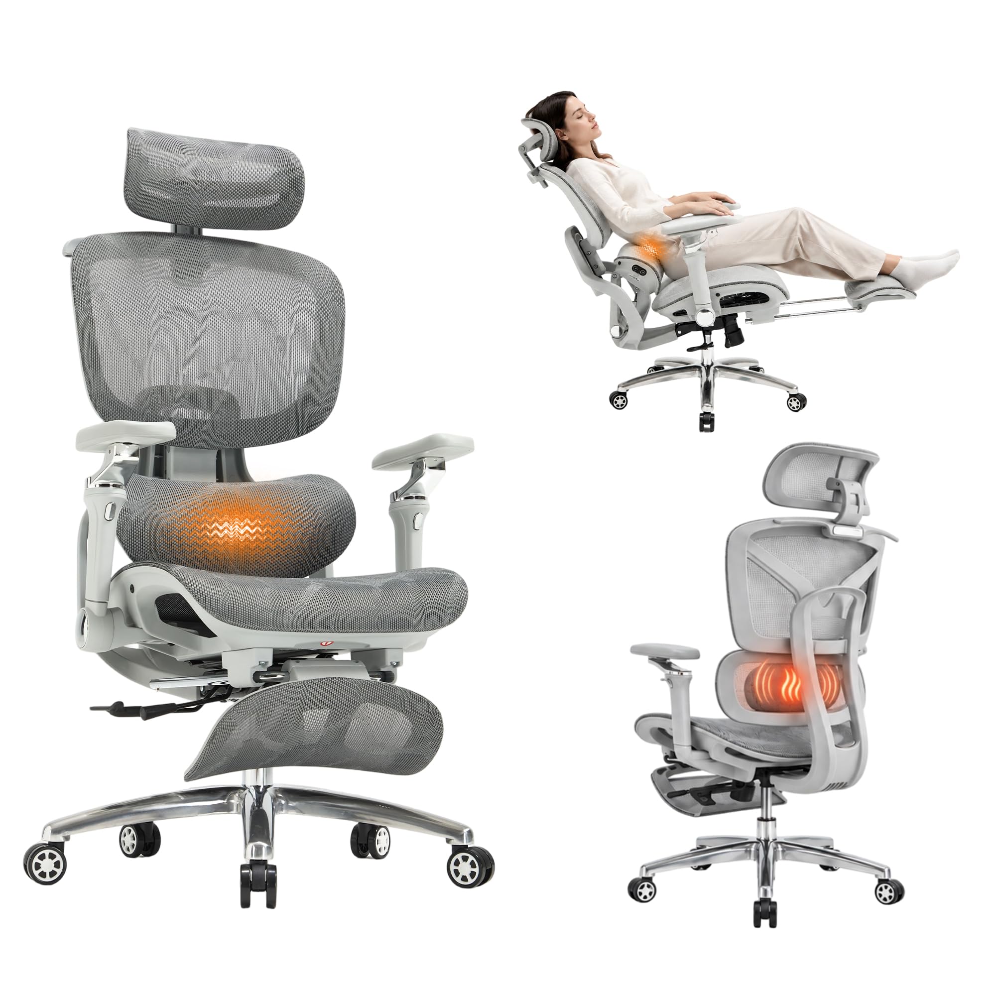 ZZINOKE Ergonomischer Bürostuhl mit Fußstütze, Gaming Stuhl 150 kg, Schreibtischstuhl mit Kopfstütze & Rollen, Massage, Heizung & Belüftung, Drehstuhl für Büro & Home Office, Grau