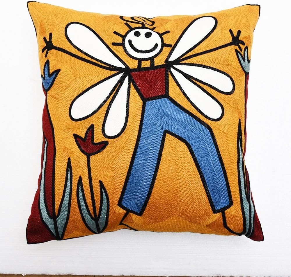 18"x18" Embroidery Picasso Abstract Painting Yellow Bee Man Pillow Case Cushion Cover