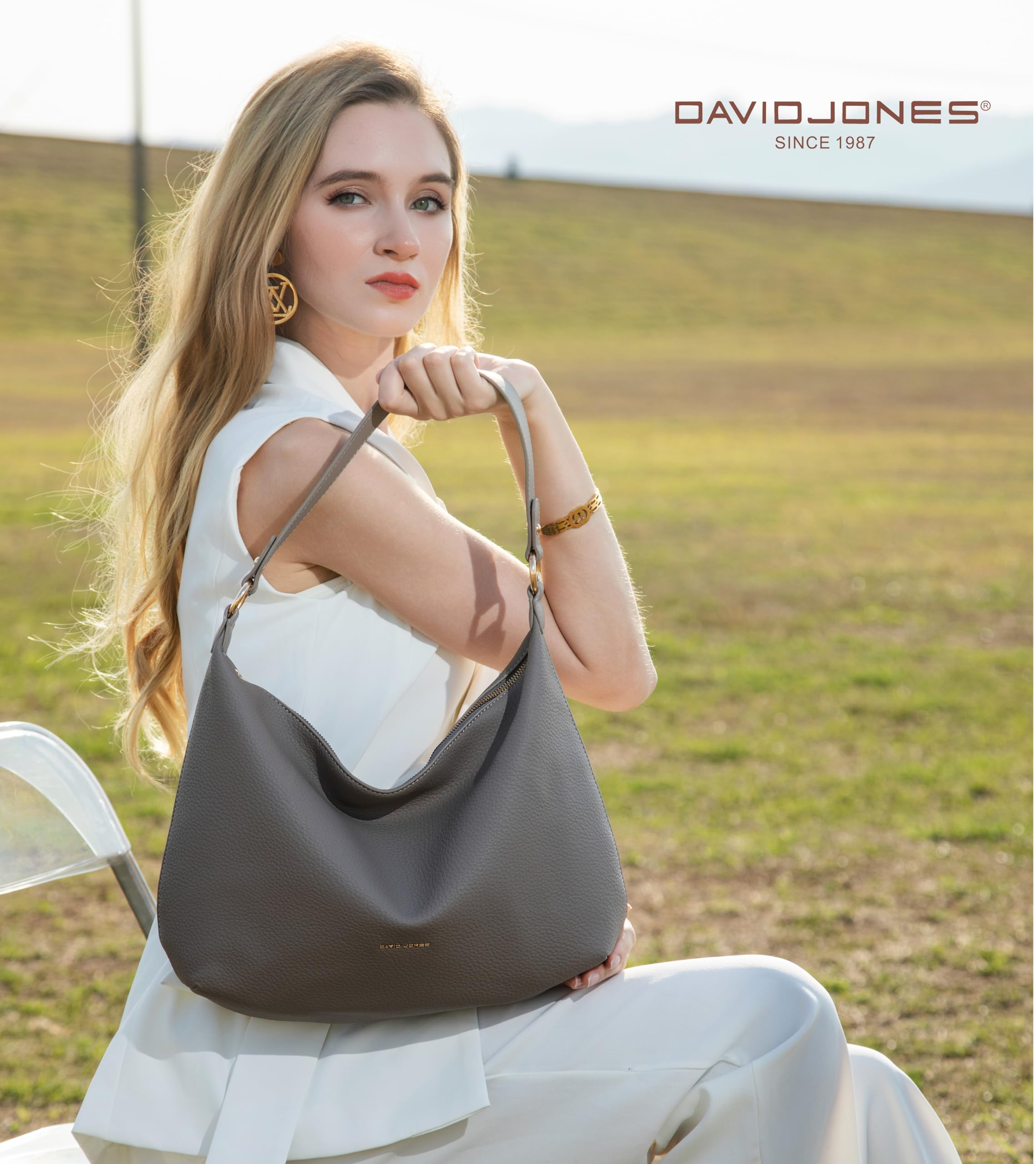 David Jones Borsa a Spalla Hobo Donna - Borsa Shopper Grande in Similpelle Morbida - Borsa Tote con Tracolla Lunga - Borsa Shopping Capiente Classica e Pratica - Beige