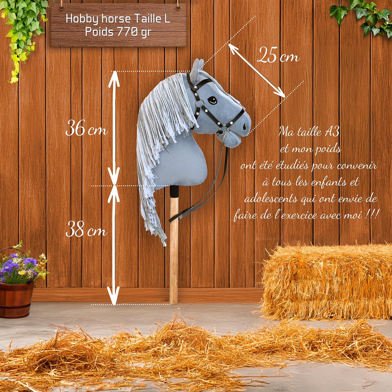 Hobby Horse grau A3, Pferd, komplett mit Netz, Gebiss, Zügel und blauer Insektenmütze, Pferdekopf für Hobby Horsing Kinder und Jugendliche