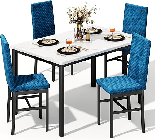 Recaceik Juego de mesa de comedor para 4, juego moderno de 5 piezas con mesa de cocina de mármol sintético y 4 sillas tapizadas en terciopelo, juego