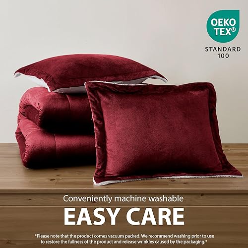 Miniatura 6 de Cathay Home Juego de edredón tamaño King juego de ropa de cama reversible de 3 piezas de microvisón y sherpa, ultra suave y afelpado, color borgoña,