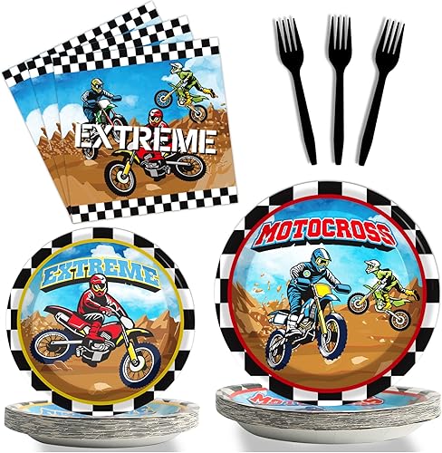 Miniatura 1 de 96 piezas de suministros para fiesta de cumpleaños de motocross platos de fiesta temática de motocicleta decoraciones de servilletas recuerdos de