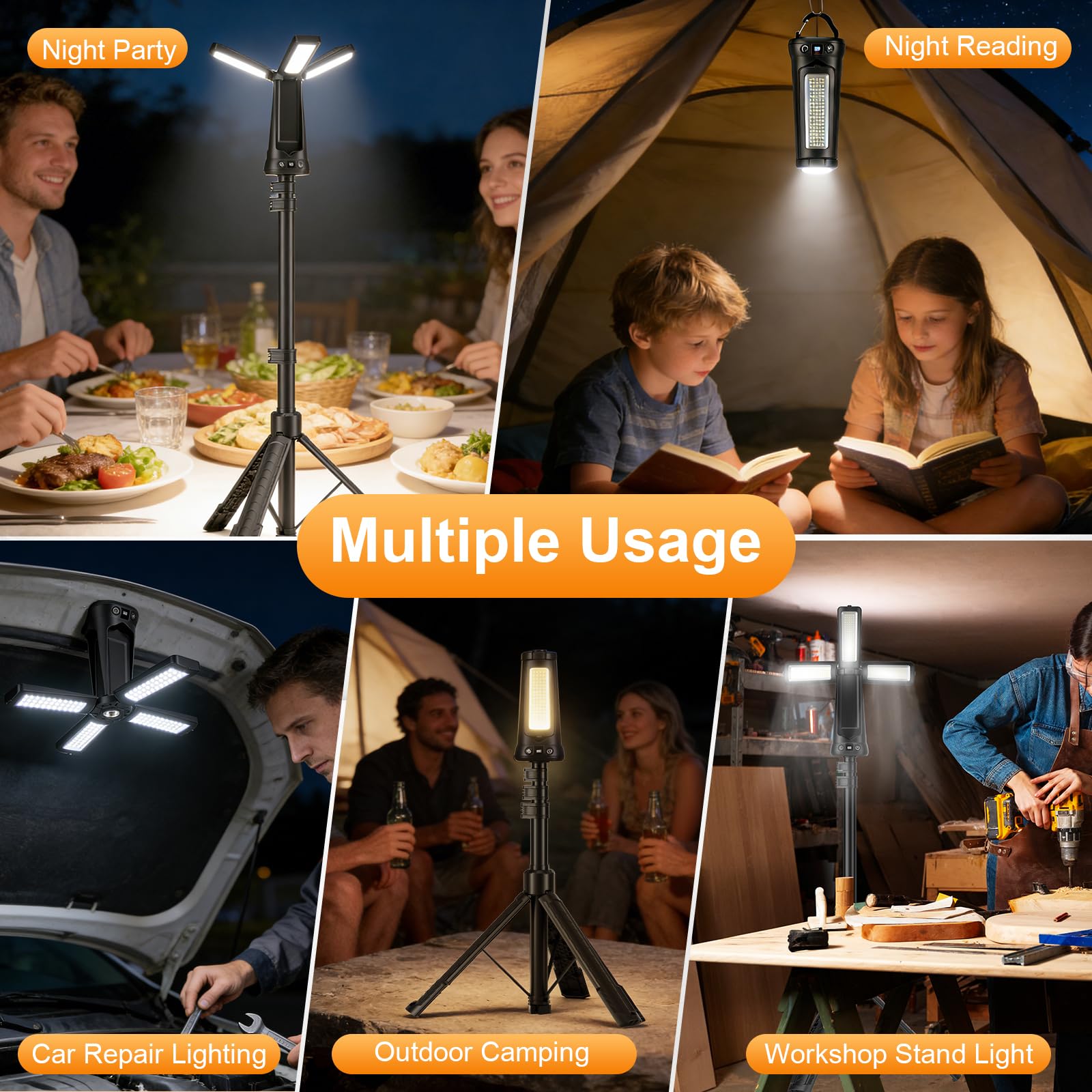 Faro LED Ricaricabile con Telecomando e Treppiede Telescopico（79,5 in), 9000LM Ultra Luminoso Faretto a Batteria,3+1 Teste Luminose, 9000 mAh, Faro da Cantiere per Officine Sport Campeggio Emergenze