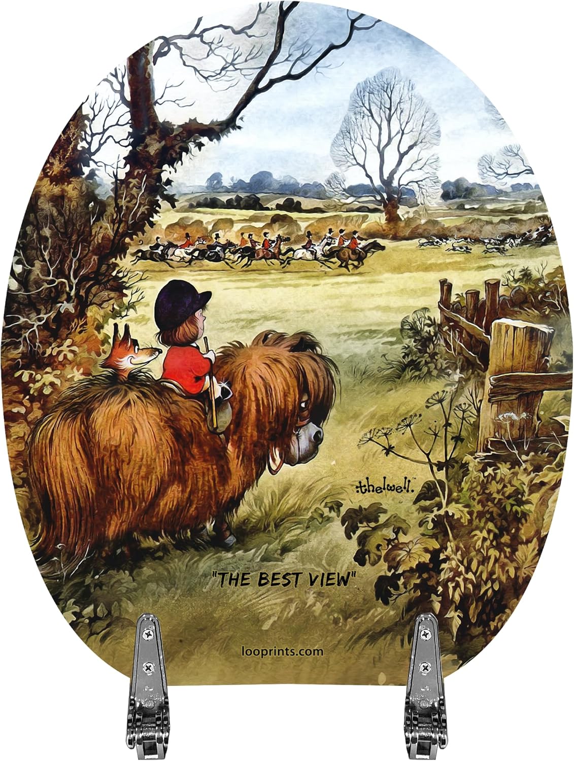 British Fun Novelty Toilet Seat Soft Close,Top & Bottom Fixing, Printed On 3 Surfaces With Thelwell Equestrian Art. Traditional Fox & Hound, Horse Riding Home Gift Idea For Friends & Family.