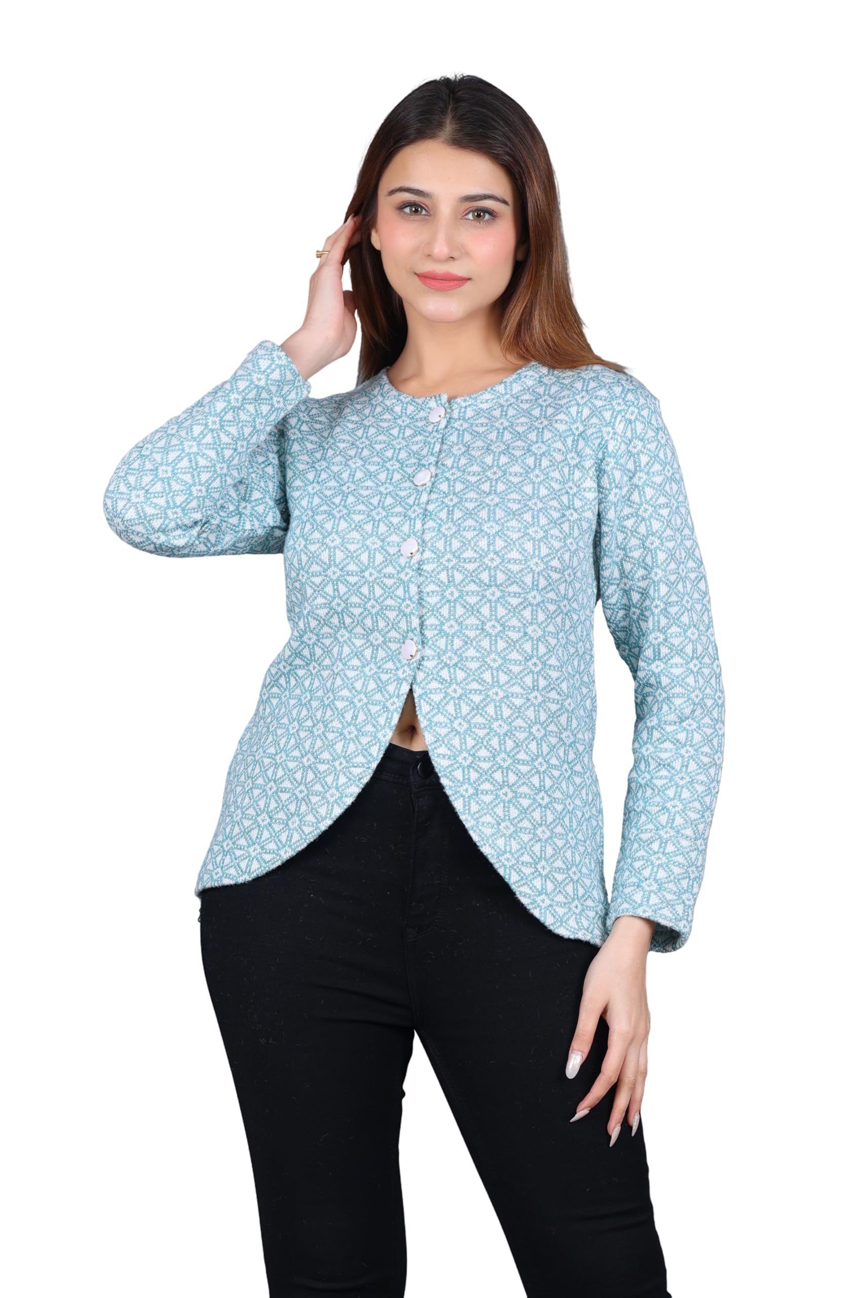 dadu dayal Women Woolen Round-Neck Self Design Cardigan Sweater for Winter Wear Full Sleeves Crop Design-picture-23