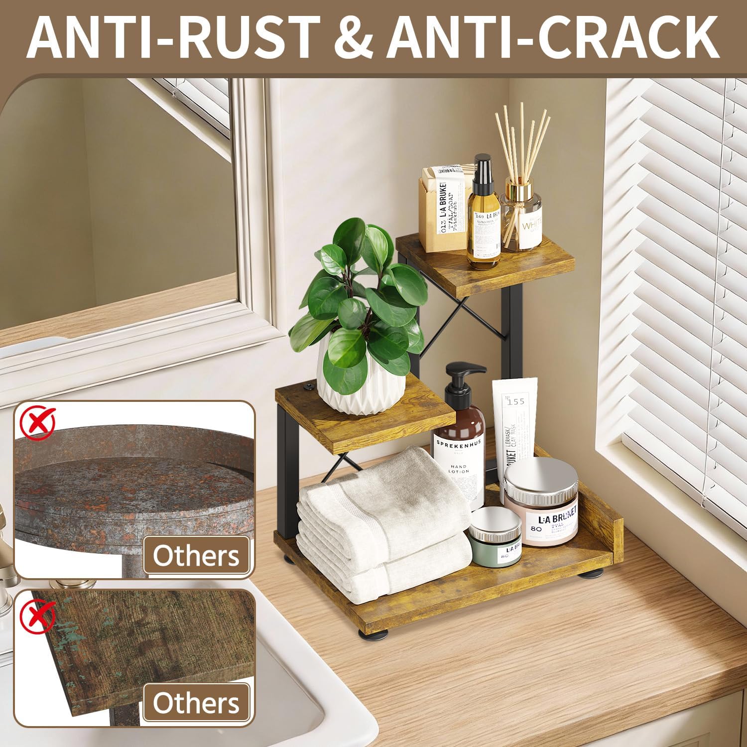 LASZOLA Indoor 3 Tier Table Top Corner Plant Stand, Heavy Duty Wood and Metal Succulents Shelf, Vertical Countertop Planter Display Rack Organizer for Office Kitchen, Desk Accessories, Rustic Brown