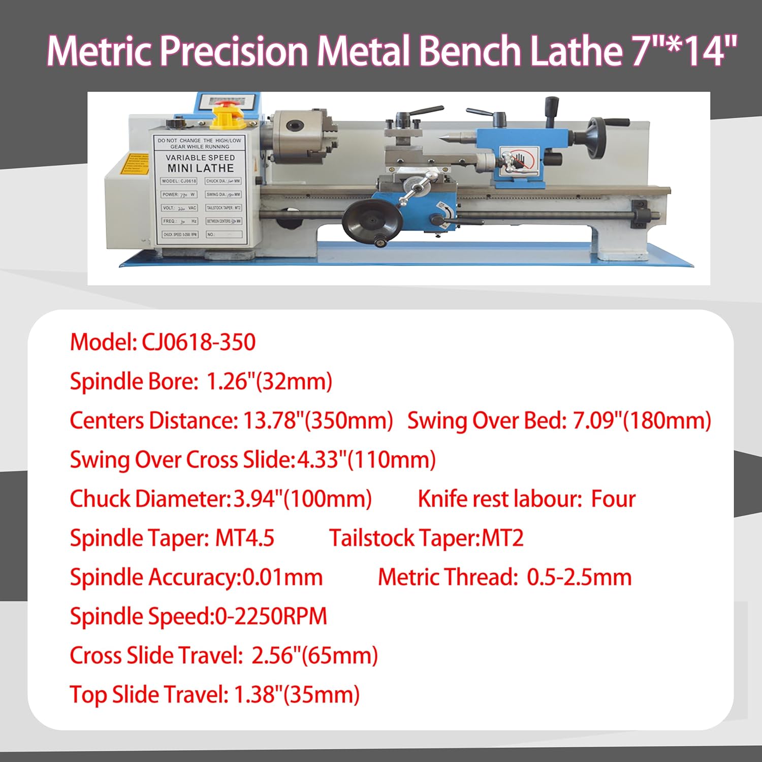 Metal Bench Lathe Benchtop 7"*14" Metric Mini Metal Lathe Variable Speed 0-2250rmp for Woodworking Metalworking Teaching and Production 110V 750W