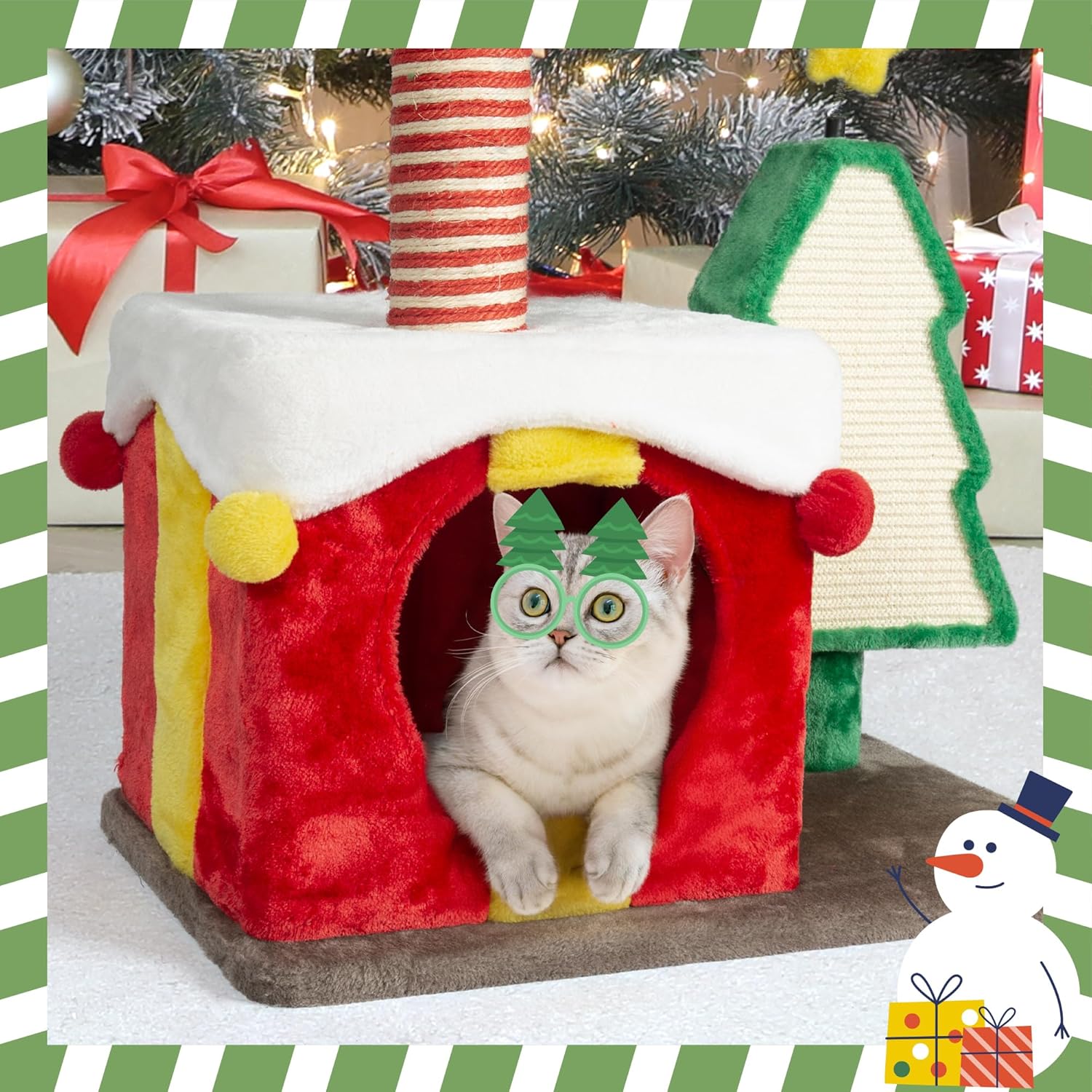 NUNU LAB Christmas Cat Tree, Multi-Level Cat Tower, Modern Cute Cats Tree, with Cat Condos, Sisal Ramp Scratching Posts, Cozy Basket, for Indoor Use (KM056)