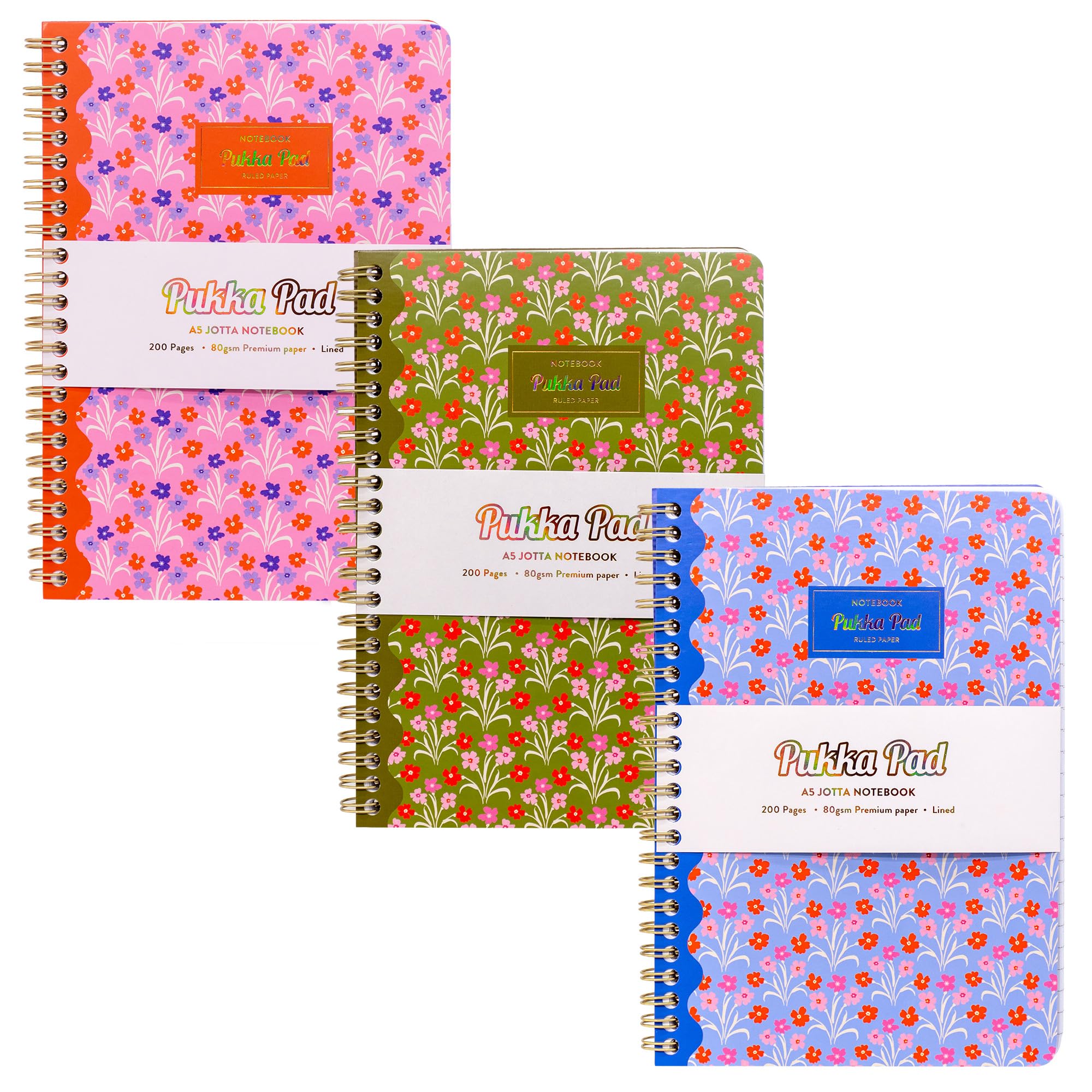 Pukka Pad Floral A5 Jotta Notebooks – Pack of 3 Wirebound Notepads with 200 Pages, 100 Sheets of 80GSM 8mm Feint Ruled FSC Certified Paper and Perforated 4-Hole Punched Margins