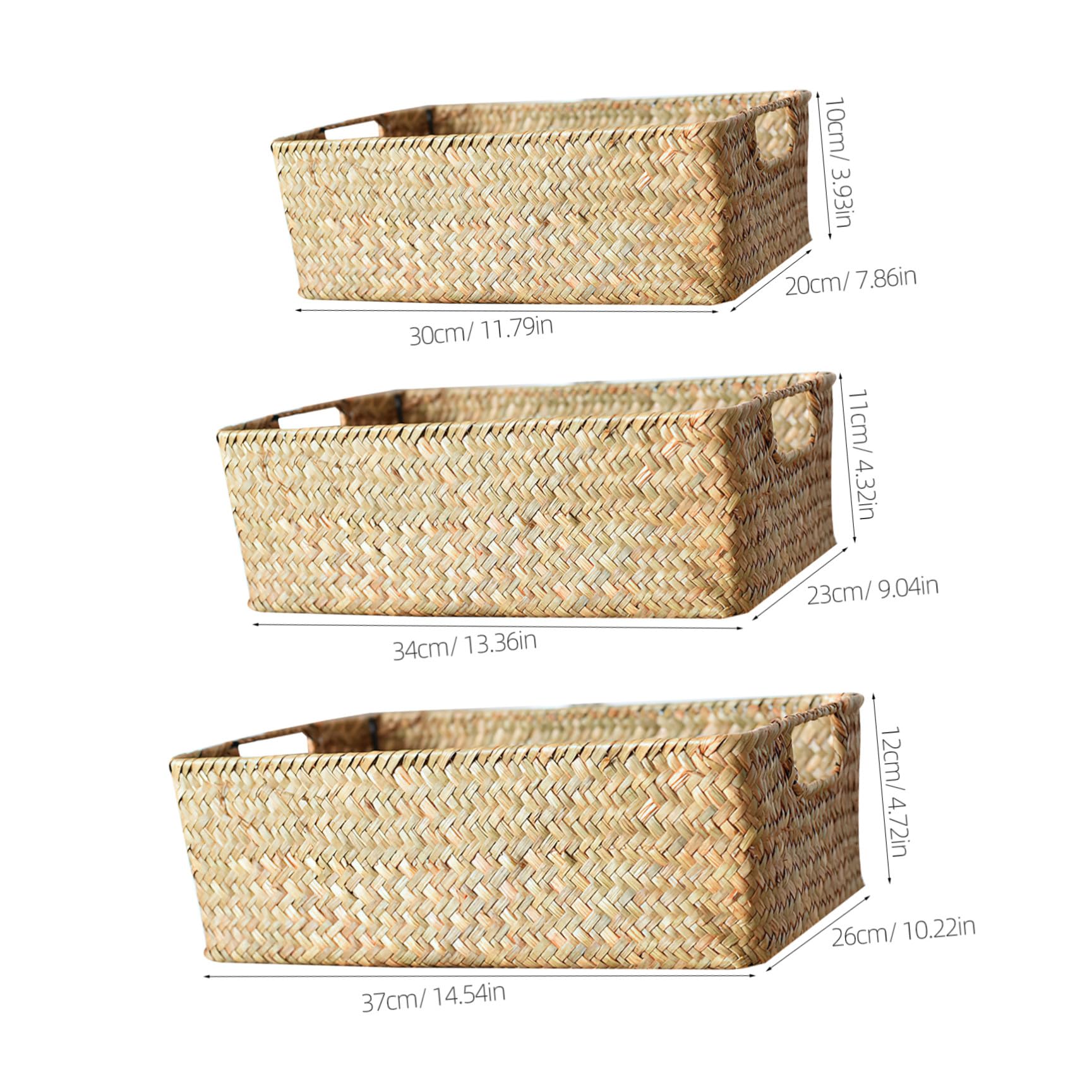 Homoyoyo Caja de Almacenamiento Apilable Rectangular de Hierba Marina con Asas y Bordes Reforzados 3 Piezas para Organizar Libros y Juguetes en Cocina o Dormitorio
