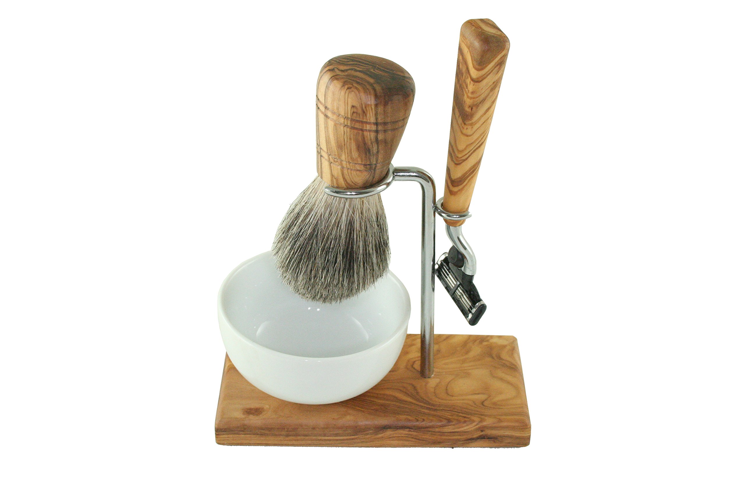 D.O.M. Juego de afeitado de 4 piezas. Afeitadora, brocha de afeitar, carcasa redonda, soporte para brocha de afeitar/brocha de afeitar.