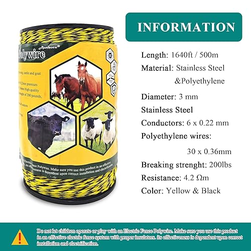 Miniatura 10 de Valla eléctrica portátil mejorada de 3280 pies, 3,280.8 ft, alambre de polietileno eléctrico portátil de 1/8 pulgadas de diámetro, 6 hebras de acero
