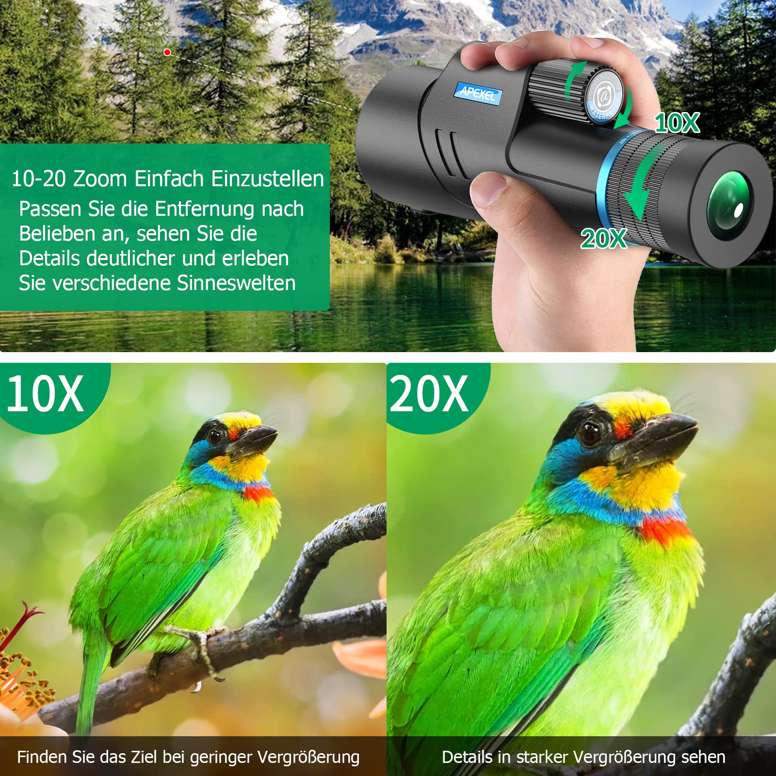 APEXEL 10-20X50 Optischer Zoom Monocular Telescope,HD Monokulare Fernrohr Erwachsene, BAK4/FMC Wasserdicht Leichtes Teleskop mit Nachtsicht für Wandern Vogelbeobachtung Camping Wildtiere