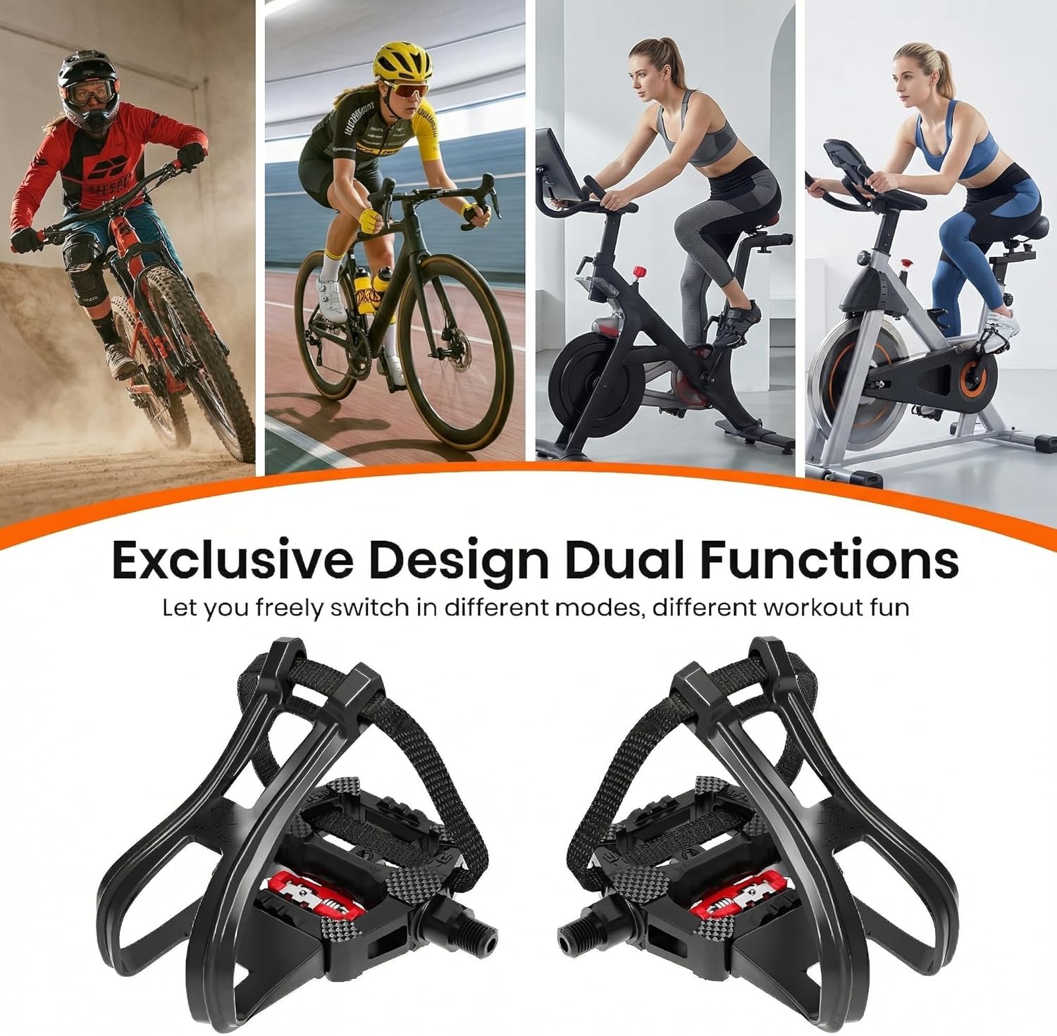 SPD Bike Pedals with Toe Cages, 9/16'', Dual Function with Straps and Clip, Alloy Spindle for Indoor Exercise Cycling Spin Mountain Road Bikes, Peloton, Schwinn, Sunny Bikes