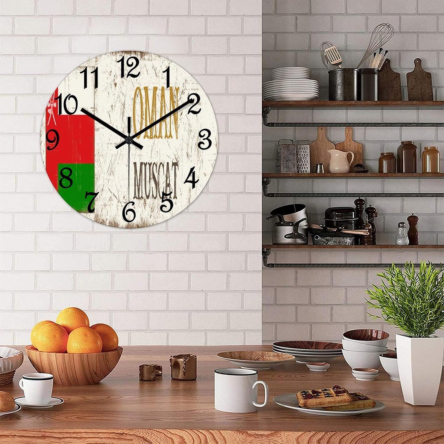 Oman Muscat Round Wooden Clock for Wall Decor Oman National Flag Farmhouse Wall Clock 15 Inch Silent Non-Ticking Wood Clock for Office Classroom Wall Art