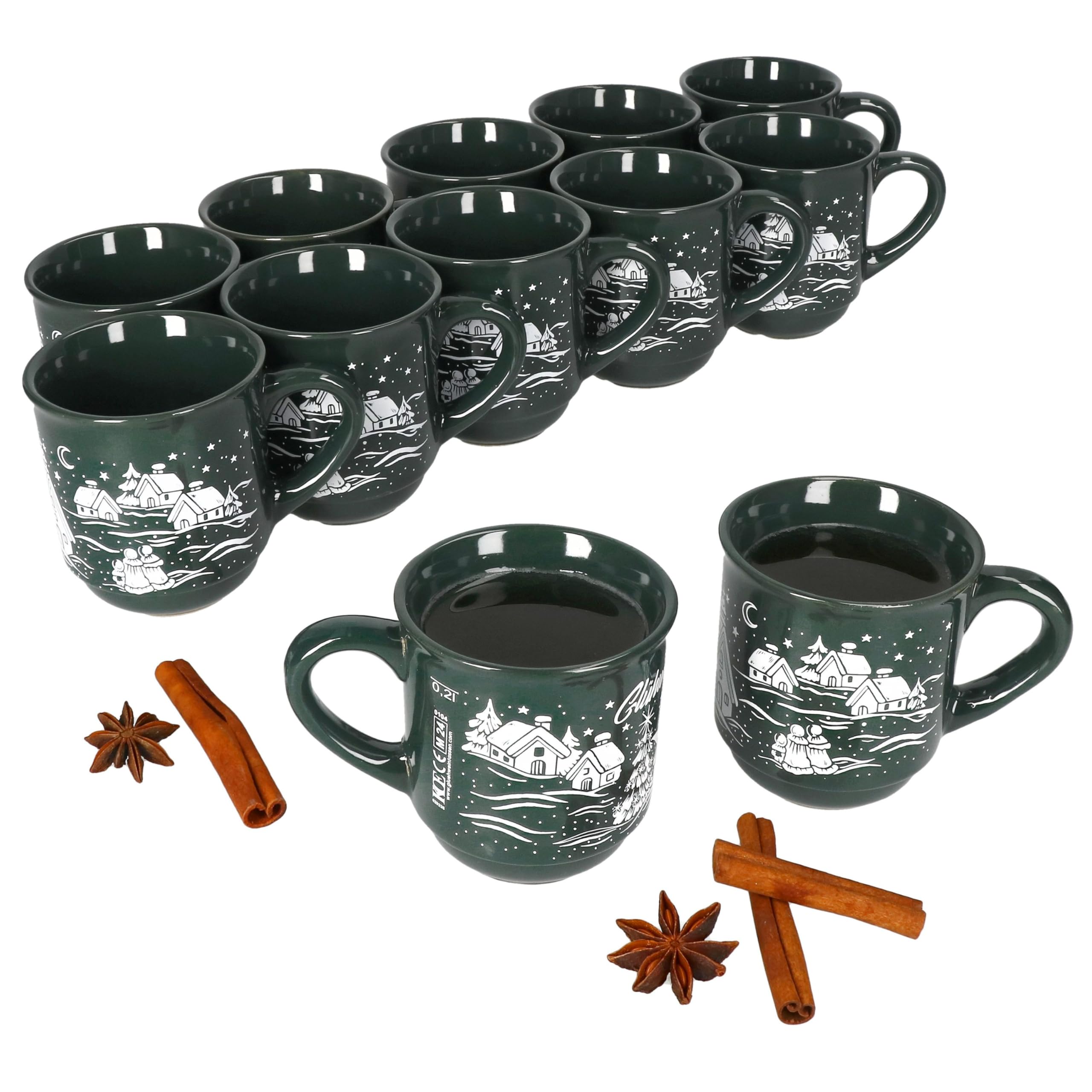MamboCat Set di 12 tazze per vin brulé, 0,2 l, verde, paesaggio natalizio, classiche, in ceramica, calibrate, ideali per il mercatino di Natale