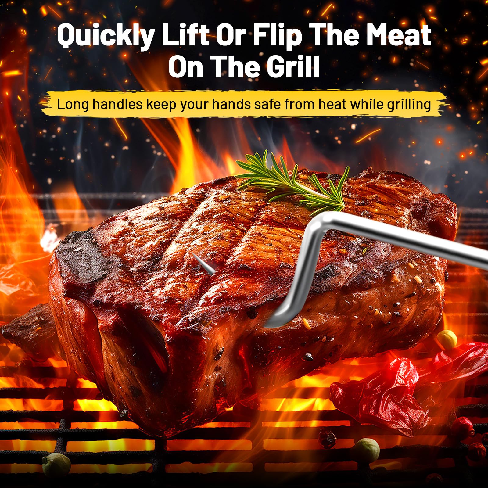 Fenteer BBQ Meat Turner Hook Stainless Steel Grill Accessories, Sturdy Barbecue Turner Hook Food Flipper Hook for Steak Meats Turning, 31.8cmx3.7cm