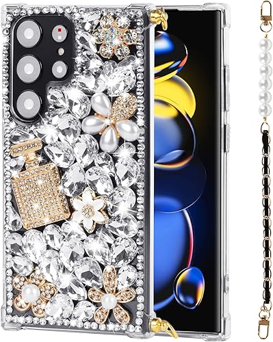 Leiju Case Funda para Samsung Galaxy S23 Ultra 5G con diseño de correa con purpurina 3D hecha a mano con piedras brillantes de cristal y diamantes