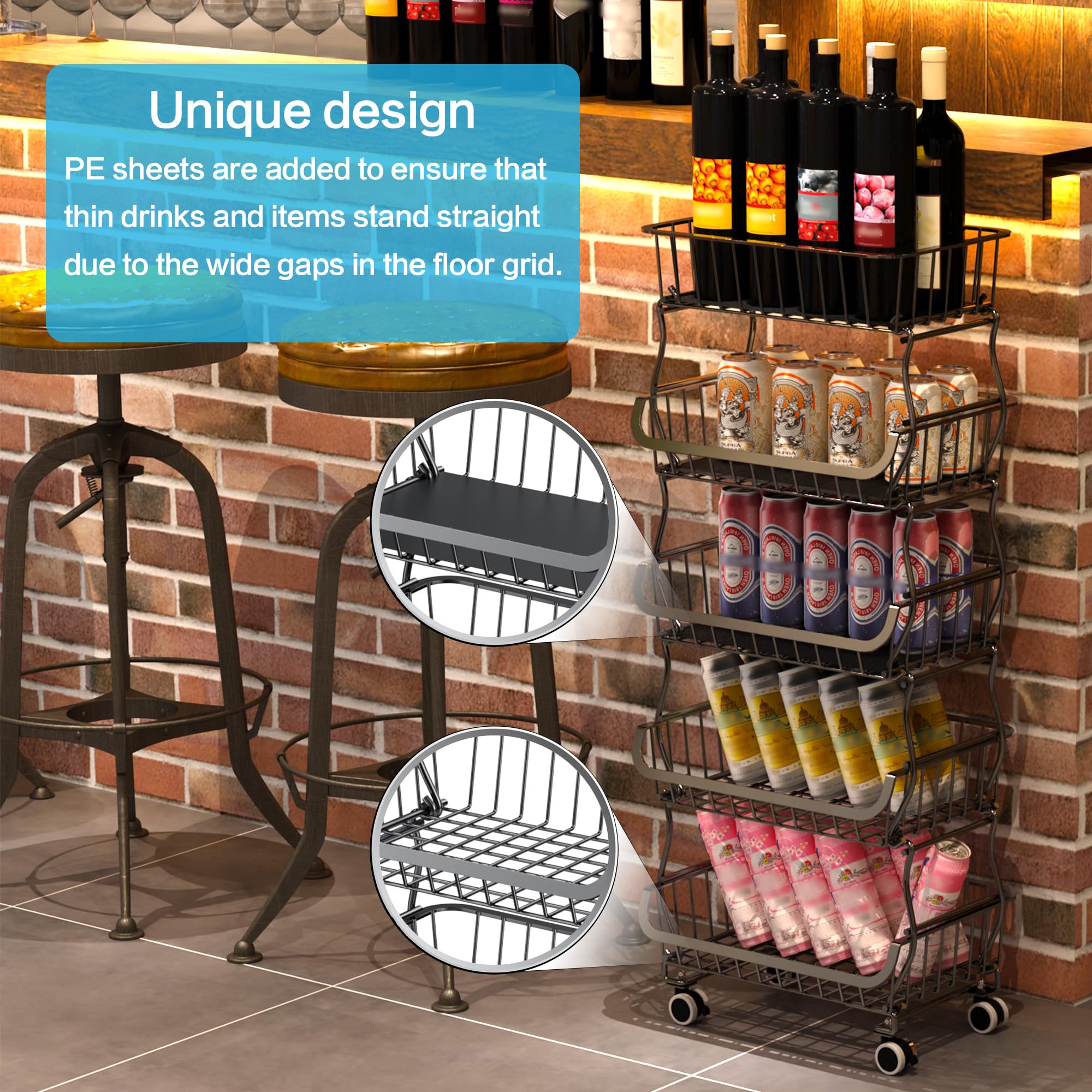 Estante de alambre de metal para cesta de frutas y verduras para cocina, oficina, tienda, supermercado, despensa, estante para aperitivos, estantes de almacenamiento de metal de 5 niveles