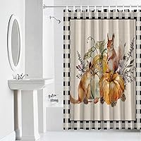 Vista 6 de Cortina de ducha a cuadros de búfalo negro calabaza para baño, cortinas de baño con girasoles y ardillas con ganchos, tela de poliéster impermeable