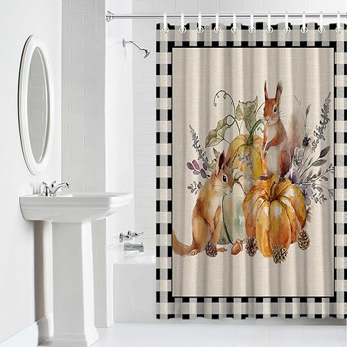 Miniatura 6 de Cortina de ducha a cuadros de búfalo negro calabaza para baño, cortinas de baño con girasoles y ardillas con ganchos, tela de poliéster impermeable,