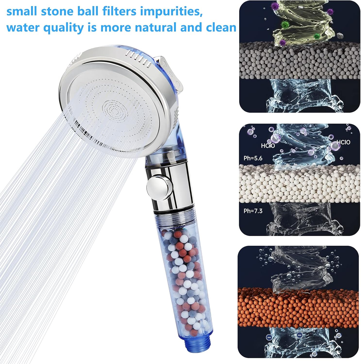 REHAVE Jetting Shower Head, Modern Style, 3 Mode Shower Sprayer, High Pressure, Polished Finish, ABS Material, Mineral Stone Beads, 1 Spray Setting, 1.5" Diameter