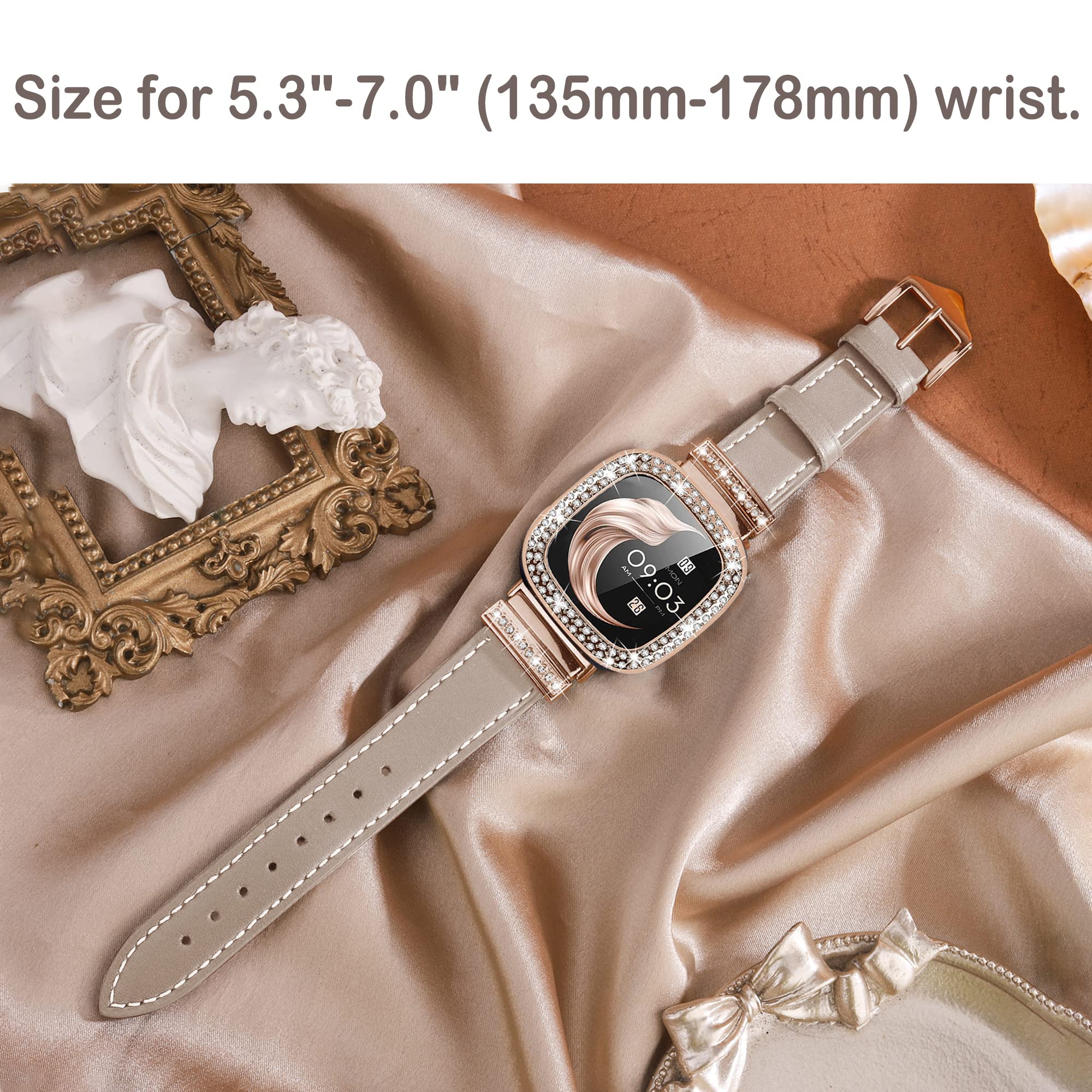 Leather Watch Band Compatible with Fitbit Sense 2 Bands/Fitbit Versa 4 Bands Women, Dressy Strap with Rhinestone Metal Buckle for Versa 3/Sense (Fitbit Sense 2/Versa 4, Beige/Rose Gold)