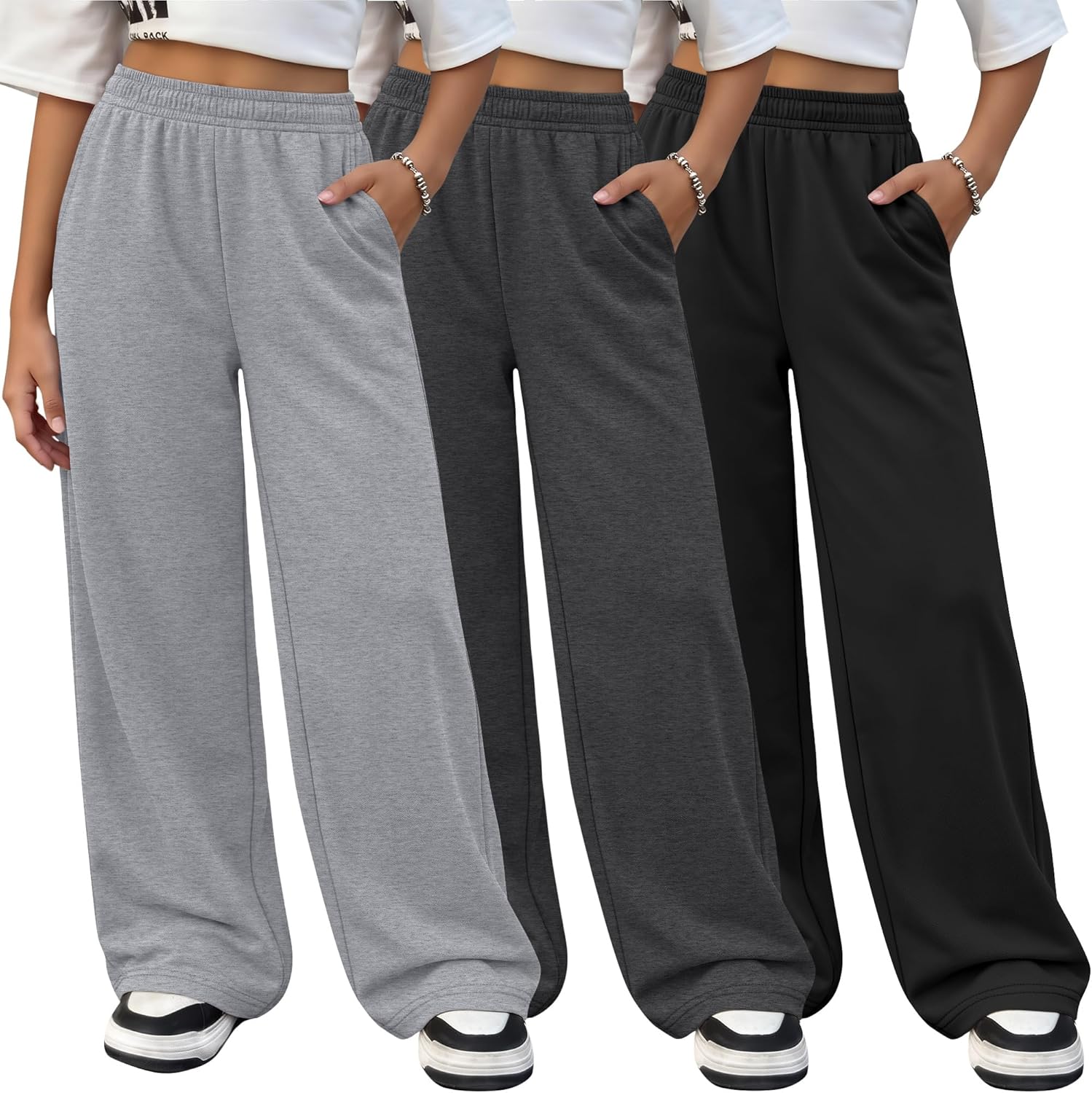 3 Pack Girls Wide Leg Sweatpants Kids Lightweight Joggers Open Bottom Baggy Pants Athletic with Pockets