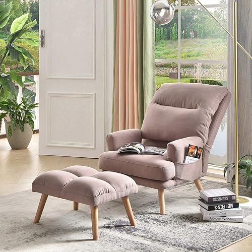 Miniatura 9 de ovios Silla reclinable de interior con otomana, sillas de lectura con reposapiés bolsillo lateral, moderno sillón reclinable para sala de estar,