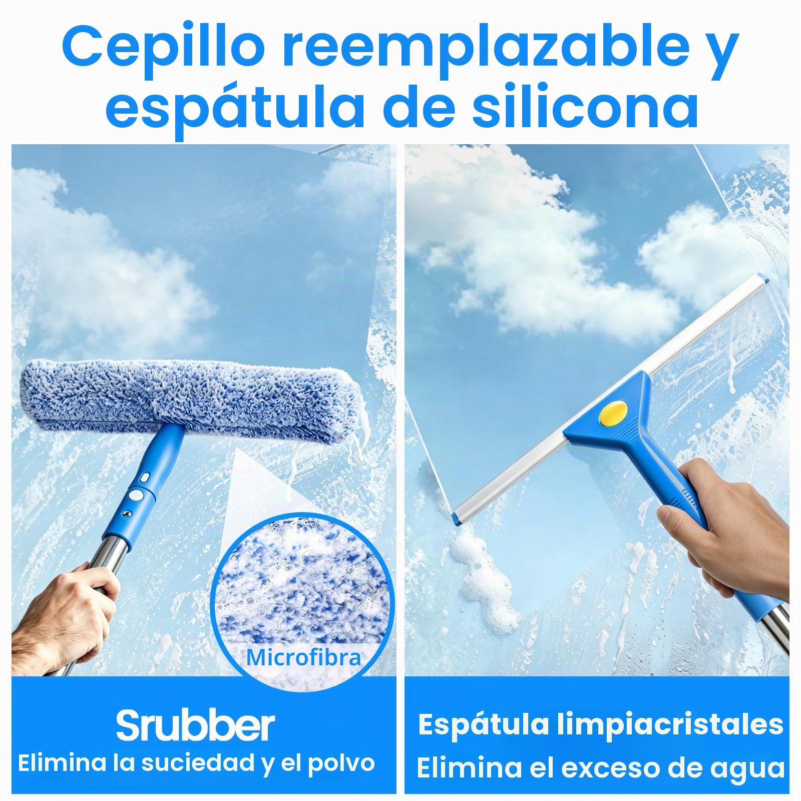 Equipo Profesional de Limpia de Ventanas con Cubo de 16L, Limpieza con Mango 2M, rasqueta de Silicona, Botella pulverizadora, Estropajo de Microfibra, paño, Kit de Lavado para Ventanas Altas Ducha