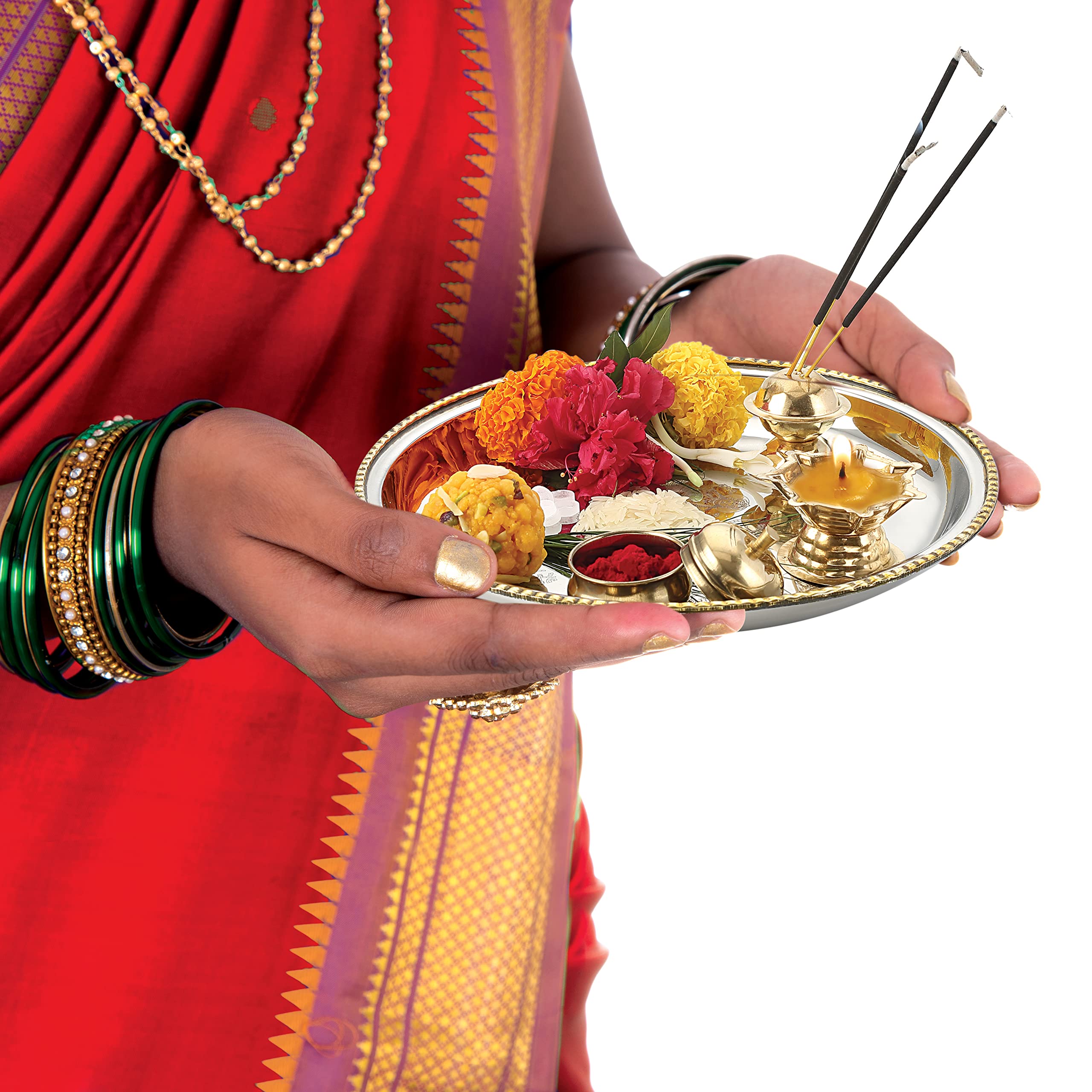HAZEL Stainless Steel Puja Pooja Aarti Thali Set | 22 cm with 1 Pc Diva | Agarbatti Incense Holder and Kumkum Wati 1