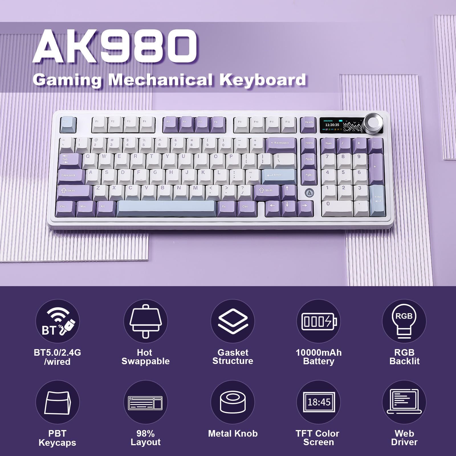 AJAZZ AK980 - Tastiera meccanica con display e manopola intelligenti, tastiera wireless al 98%, Tri-Mode BT/2.4G/USB-C, hot swap, tasti in PBT, con luce RGB per Win e Mac (viola, interruttore