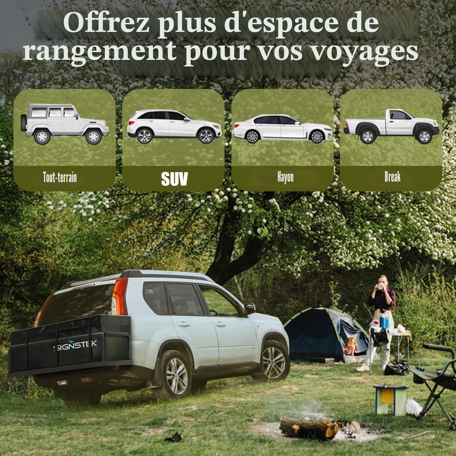 Signstek Sac de Toit Souple pour Attelage, Coffre de Voyage Extensible 417L - Alternative au Coffre de Toit, Housse Imperméable en PVC 500D, Pliable pour Bagages - Idéal Vacances Famille & Camping