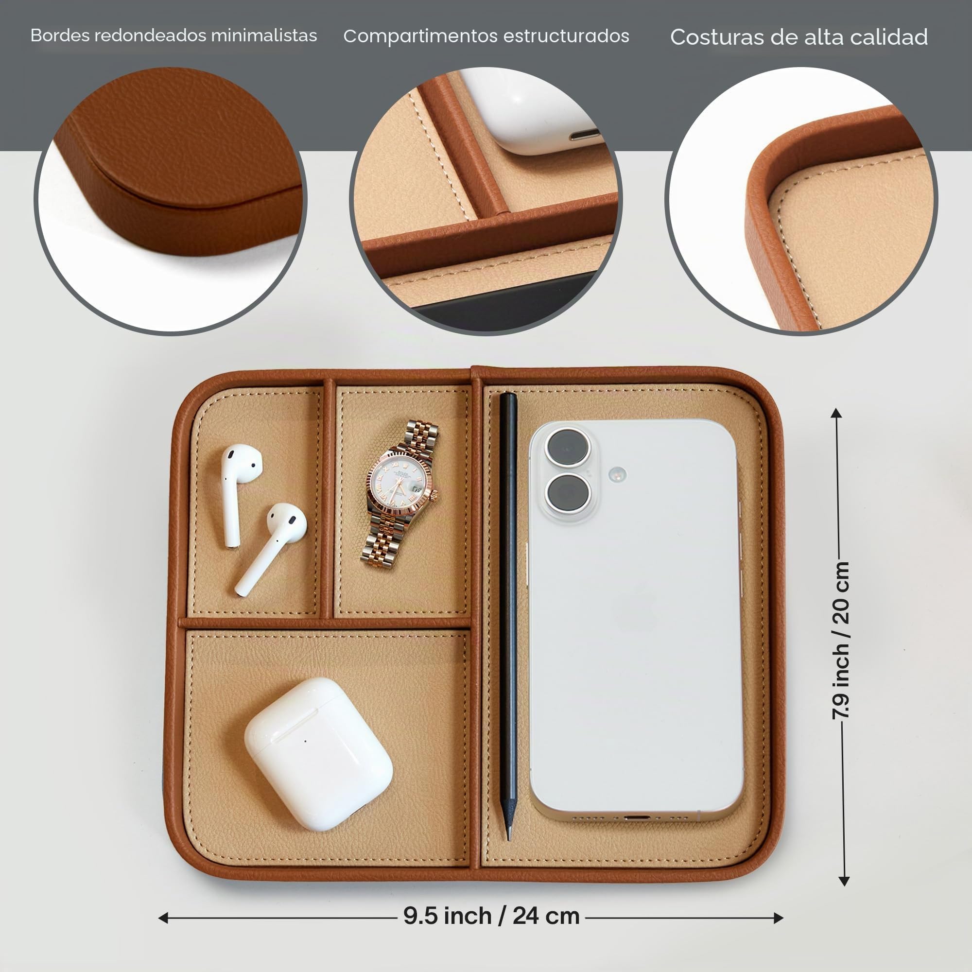 Nordik Valet Tray - Bandeja de cuero vegano de primera calidad en dos tonos marrón y beige - Organización elegante para los artículos esenciales diarios