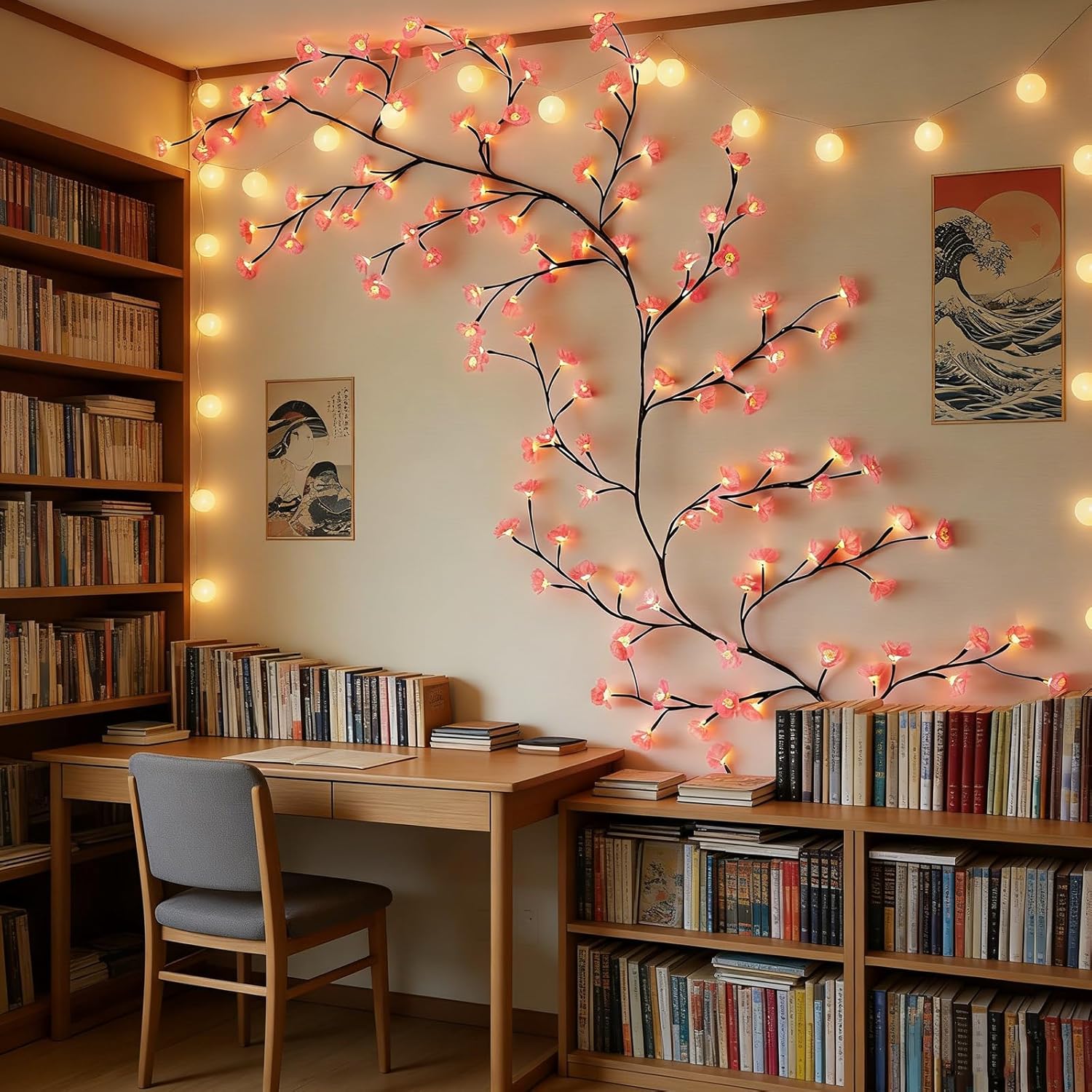 LED Cherry Blossom Lights, 96 LED Artificial Flower String Lights Cherry LED Tree Branch Lights for Wall,Willow Vine Lights and USB Powered for Bedroom Party Wedding Outdoor Decorations (75IN)