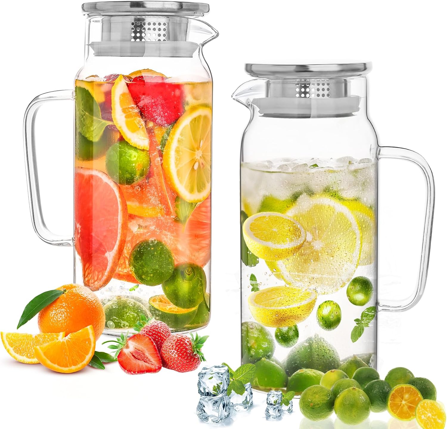 Set of 2 Glass Pitcher with Lid,2 Quart 1500ml Leak Proof,Glass Water Jugs, BPA-Free,Microwave & Dishwasher Safe Pitcher,Sun & Iced Tea, Sangria,Cold Brew Coffee & More