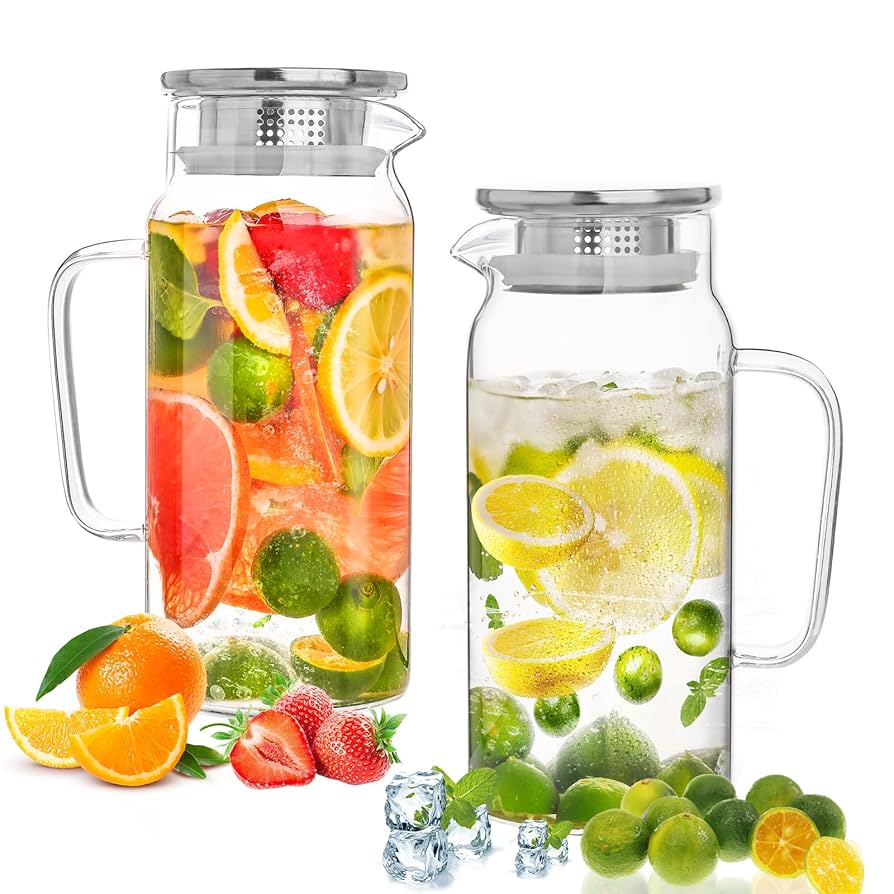 MICA Water Pitcher 2個セット Amazon.com: Set of 2 Glass Pitcher with Lid, 1200ml Leak