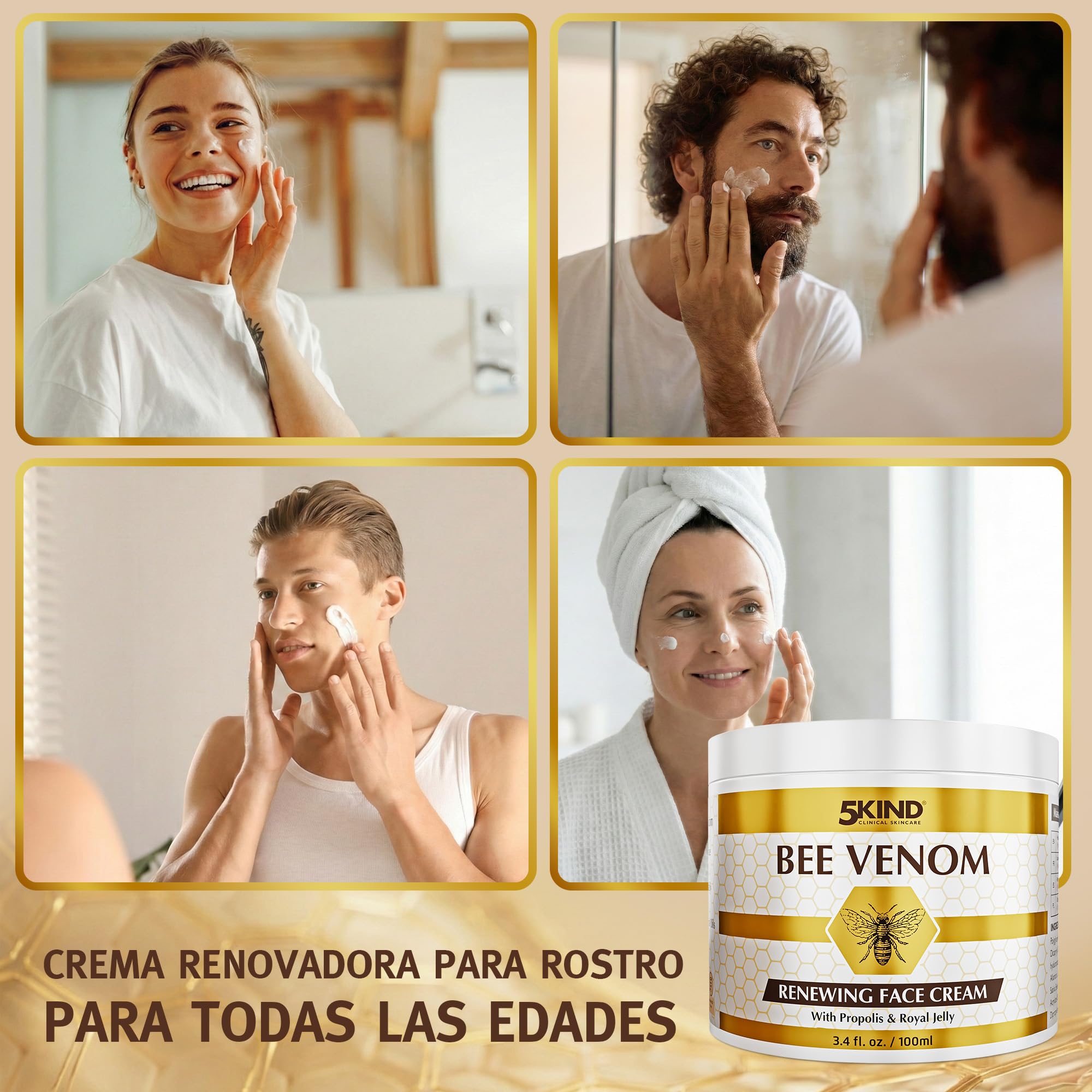 5Kind Crema Facial Renovadora con Veneno de Abeja, Propóleo y Jalea Real 100 ml - Crema Facial Antienvejecimiento con Veneno de Abeja - Crema Antiarrugas con Veneno de Abeja - Bee Venom Cream