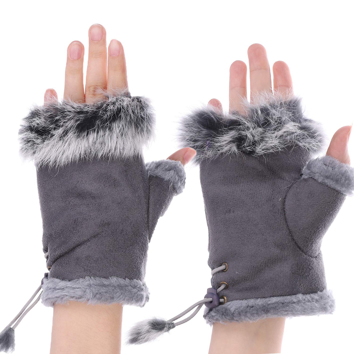 Women Suede Gloves Fingerless Gloves Mittens Faux Fur Lined Half Finger Gloves Warm Winter Touchscreen Gloves Thicken Fluffy Hands Warmer Adjustable Windproof Cuffs For Cycling Driving Outdoor Sports