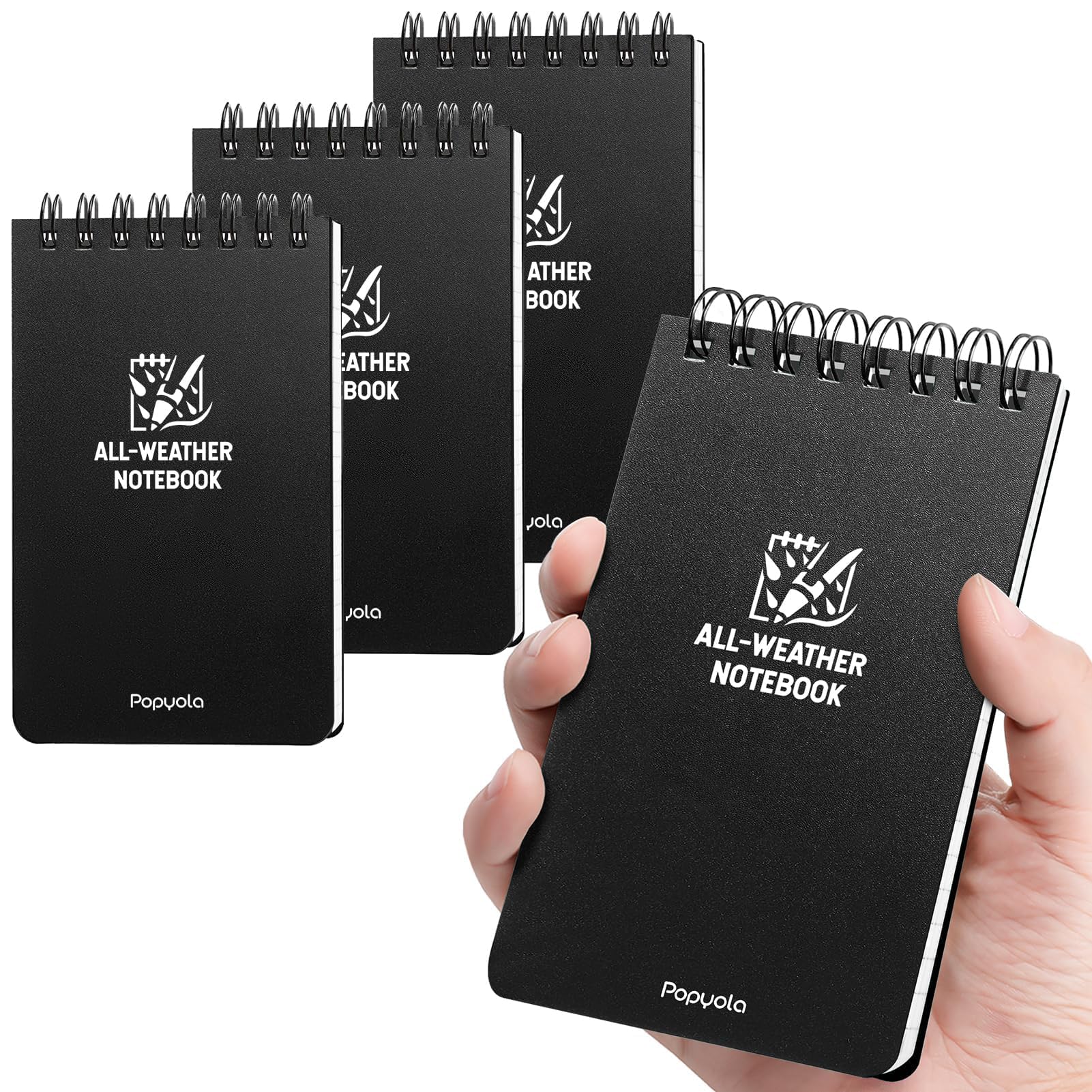 POPYOLA Waterproof Pocket Notebook, 3x5 Pocket Notepad, All Weather Mini Spiral Notepad, Write in the Rain Police Notepad with 100 Squared Pages for Outdoor Home Office School (Pack of 4)